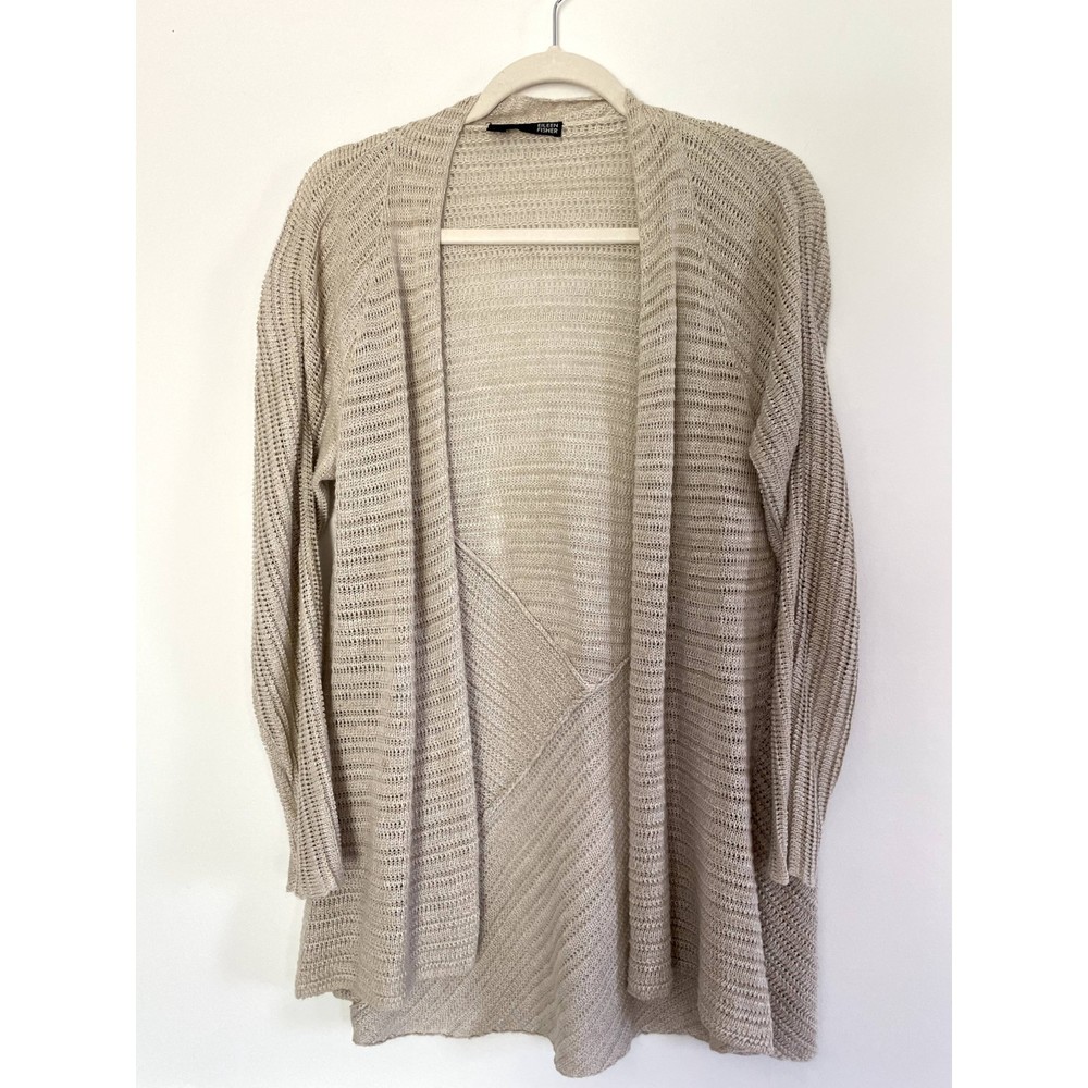 Eileen Fisher Open Front Linen Knit Cardigan Size Large Petite PL Neutral